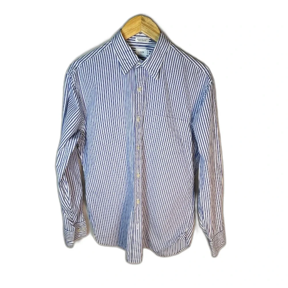 J. Crew Men's Blue White Stripe 2 Ply Cotton LS Button Front Shirt Size M